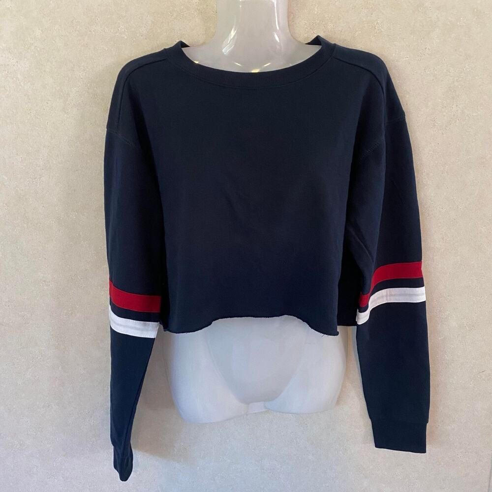 Reflex Casual Striped Long Sleeve‎ Cropped Pullover Sweatshirt Large - Navy Blue